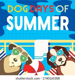 Dog days of Summer Time for adventure. Cute comic cartoon. Colorful humor retro style. Canine in sunglasses enjoy beach leisure relax. Summertime vacation journey. Vector banner background template
