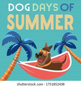 Dog days of Summer Time for adventure. Cute comic cartoon. Colorful humor retro style. Canine in sunglasses enjoy beach leisure relax. Summertime vacation journey. Vector banner background template