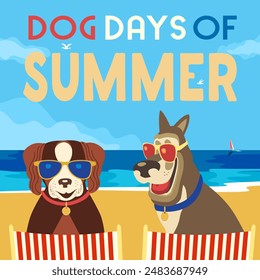 Dog days of Summer Time for adventure. Cute comic cartoon. Colorful humor retro style. Dogs in sunglasses enjoy beach fun leisure relax. Summertime vacation journey. Vector banner background template