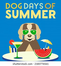 Dog days Summer Time cute comic cartoon illustration. Colorful humor retro style. Canine in sunglasses enjoy beach vacation leisure relax. Summertime journey travel vector banner background template