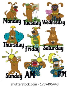 Dog days of the week color. Funny dog drawn by hand at different times of the week. Illustration of different things that cheer up every day.