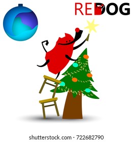 A dog decorates a Christmas tree.