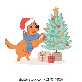 The dog decorates the Christmas tree. Cute labrador wearing a knitted scarf and a santa claus hat. Vector print with a funny puppy in cartoon style on a white background