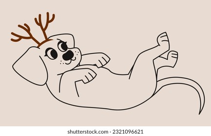 Dog with deer antler headband. Cute animal in doodle style.