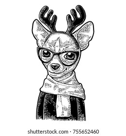 Dog deer with glasses, scarf, horns, coat. Vintage black engraving illustration for poster. Isolated on white background