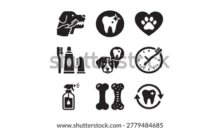 Dog dental care icon set for canine oral health and hygiene with toothbrush