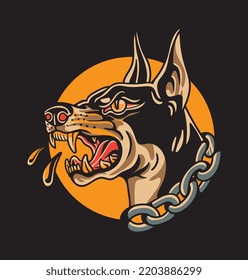dog design wearing a chain in the middle of the moon