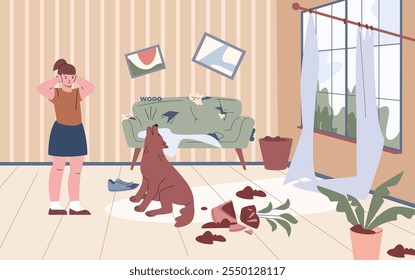 O cachorro destruiu o quarto e uivou. Garota cobria as orelhas, uivando de animal de estimação e casa suja. Mau comportamento de um animal mal educado. Cena de vetor confusa