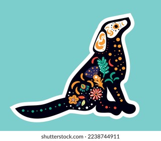 Dog dia de muertos icon. Puppy in colorful flowers and abstract silhouettes. Animal and pets. Culture and traditions, holiday and festival. Poster or banner. Cartoon flat vector illustration