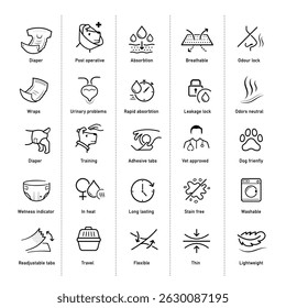 Dog diapers icon set.The outline icons are well scalable and editable. Vector elements are good for different backgrounds. Ready for dogs diapers design, its key components and benefits. EPS10.