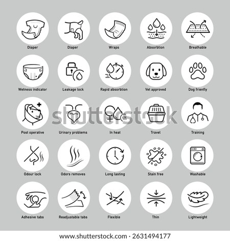 Dog diapers icon set.The outline icons are well scalable and editable. Vector elements are good for different backgrounds. Ready for dogs diapers design, its key components and benefits. EPS10.