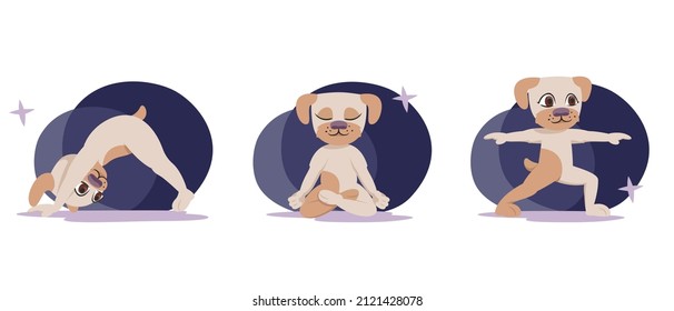 Perro en diferentes poses de yoga. Animales antropomórficos al estilo de las caricaturas