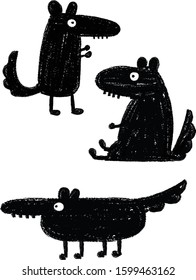 Dog in differents position doodle, hand drawn crayon illustration
