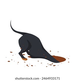 Dog digging a ground pit. Hole in soil concept. Vector illustration in cartoon style isolated on a white background.