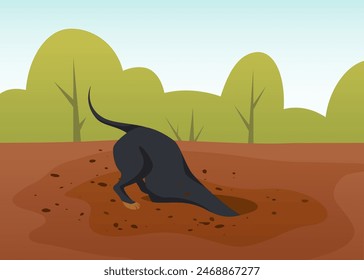 Dog digging a ground pit. Hole in soil concept. Vector illustration in cartoon style.