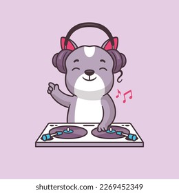 Dog DJ. Cute French Bulldog puppy mixing music on a turntable vector cartoon illustration