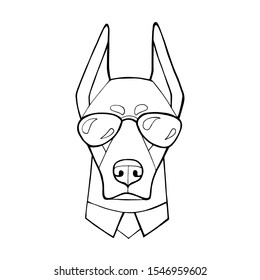 Dog Doberman with in a dark glasses. Vector illustration. Coloring book page. Humor poster, t-shirt composition, hand drawn style print.