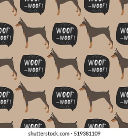  Dog Doberman Pinscher seamless pattern colorful with hand drawn banner woof-woof