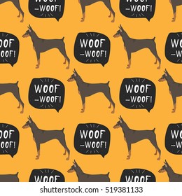  Dog Doberman Pinscher seamless pattern colorful with hand drawn banner woof-woof