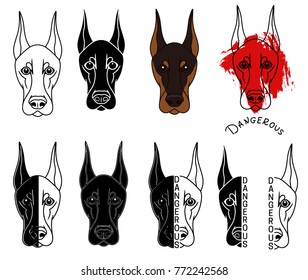 Dog Doberman vector head dangerous set contour silhouette illustration sketch 