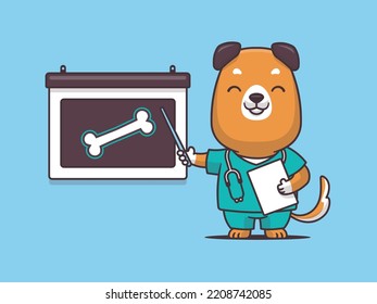 Dog doctor mascot character showing the x-ray with a bone vector cartoon illustration