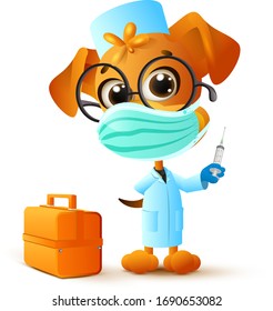 Dog doctor in medical mask holds syringe. Coronavirus protection medical mask. Isolated on white vector cartoon illustration