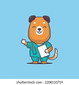 Dog in doctor's uniform.  Veterinary concept. Cute puppy mascot character, smiling and waving. Vector cartoon illustration