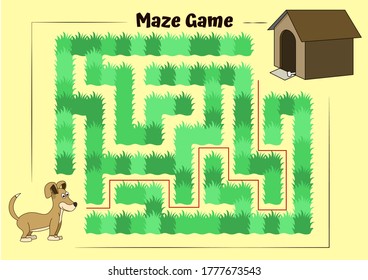 Dog and doghouse Maze.Educational game for children. Help the dog run to its kennel - Maze puzzle with solution