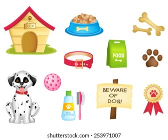 Dog and dogs stuff colorful clip art isolated on white background 