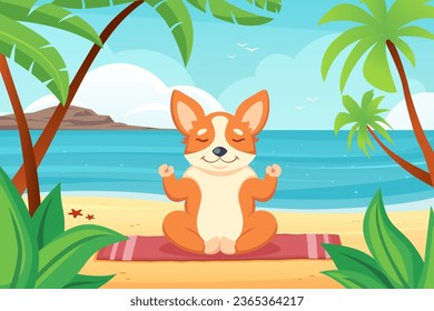 perro haciendo yoga. el deporte ejercicios pilates concepto fitness divertido feliz perro jengibre meditación en la playa de la orilla del mar. personajes de dibujos animados vectoriales.