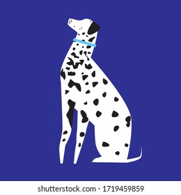 A dog dolmatinsky with a collar sits isolated on a blue background for design. A cute scandinavian vector stock illustration with pet for children