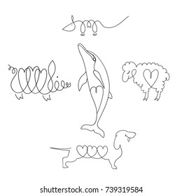 Dog, dolphin, rat, pig, lamb. Vector set of hand drawn animals. Linear image Pets with elements in the shape of a heart.