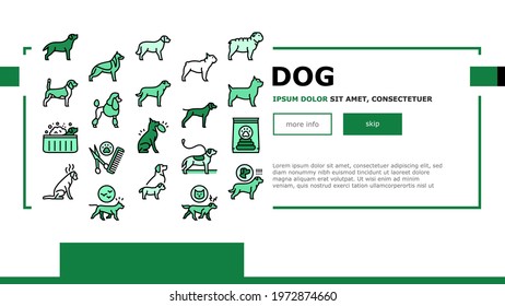 Dog Domestic Animal Landing Web Page Header Banner Template Vector. Yorkshire And Rottweiler, Beagle And French Bulldog, Golden Retriever And German Shepherd Dog Illustration