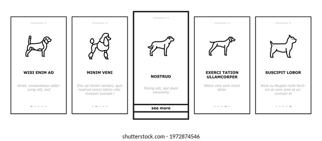 Dog Domestic Animal Onboarding Mobile App Page Screen Vector. Yorkshire And Rottweiler, Beagle And French Bulldog, Golden Retriever And German Shepherd Dog Illustrations