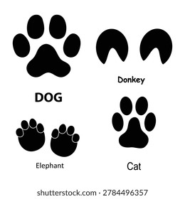 Dog Donkey Elephant Cat Paw Print Vector Set,Paw Track Icon Bundle EPS Design