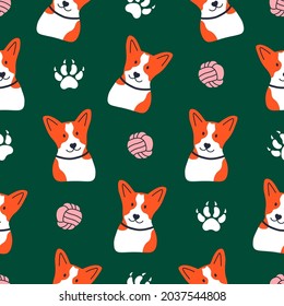 Dog doodle pattern. Seamless print with shiba inu dog, toy and footprint, cute cartoon vector texture