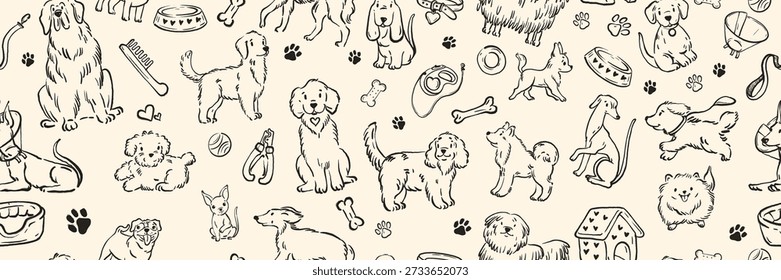 Dog doodle seamless pattern, hand drawn pet shop repeat texture, cute whimsical animal line print. Cartoon playful veterinary banner background, funny animal, puppy breeds. Cute dog pattern wallpaper