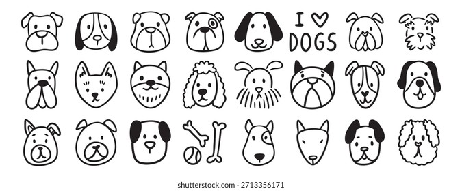 Juego de doodle para perros, Vector de cachorro dibujado a mano arte de Clip animal de cara linda, ilustración para niños, beagle husky bulldog, colorear, veterinario. Ilustración vectorial