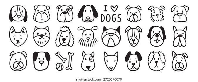 Conjunto de doodle do cão, desenhado à mão vetor de filhote bonito cara animal clip art, ilustração de crianças, buldogue husky do beagle, coloração, veterinário. Ilustração vetorial