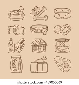 Dog doodle signs. Hand drawn food and toys for dogs vector icons