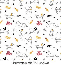 Dog in  doodle style. Seamless pattern with pets for sewing children  clothing, printing on fabric and packaging paper. Set with animals.