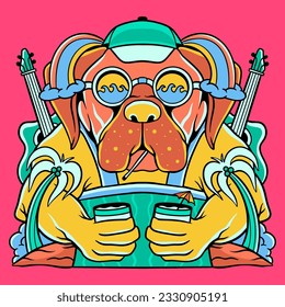 Dog Doodle style vector t shirt design artwork, Hand Music Drawn summer tropical paradise beach colorful flat illustration