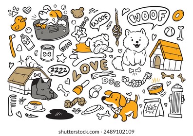 Dog doodles drawing, happy pets vector