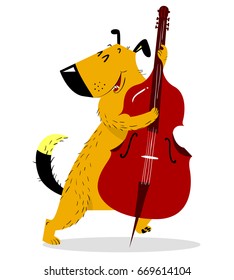 Dog with double bass. Cute dog musician plays a stringed instrument with a contra bass. Vector illustration with cartoon cheerful pet