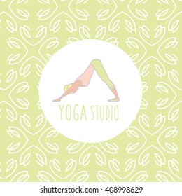 Dog Downwards Pose Yoga Studio Design Card In Pastel Colors Flat Vector Design On Ornamental Background