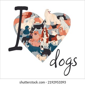 Dog drawing outline square composition with handwritten text and heart filled with images of various dogs vector illustration