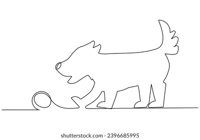 Dog drawing vector using continuous single one line art style isolated on white background. Dog playing with a ball vector illustration.One line dog design silhouette. Hound. Hand drawn minimalism.