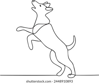 Dog drawing vector using continuous single one line art style isolated on white background. Dog playing with a ball vector illustration. One line dog design silhouette. Hound. Hand drawn minimalism