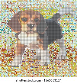 
dog drawn with squares in the style of pixel art on a colorful pixel geometric