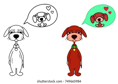 Dog dreaming thinking vector in love colored illustration sketch animal with a collar